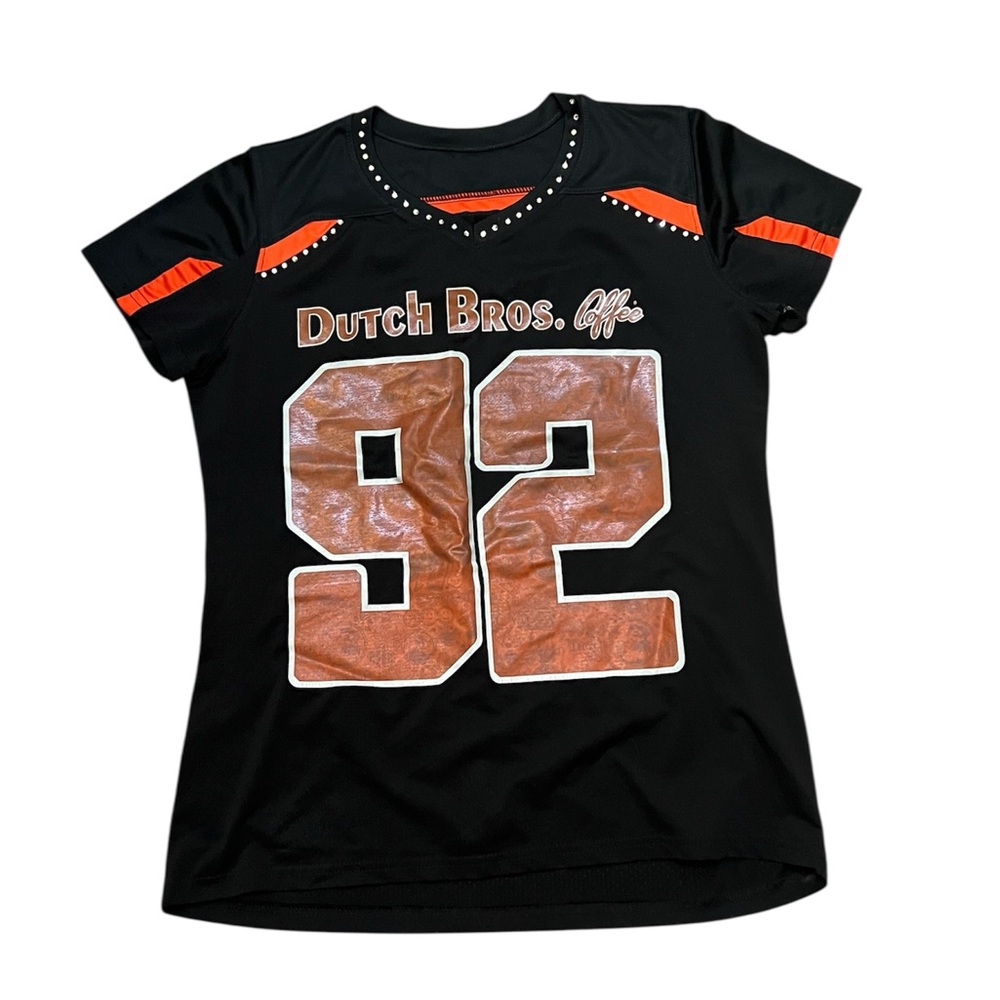 Rare Dutch Bros Coffee Augusta Sportswear Black & Orange Tee with Stud Accents